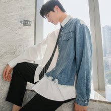 Load image into Gallery viewer, Sicilian men&#39;s spring new design sense denim stitching Korean loose handsome college style shirt men&#39;s long sleeves
