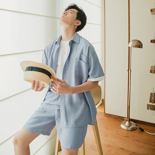 Sicilian men's summer thin short-sleeved shirt shorts two-piece Korean version of the trend of men's casual suit men