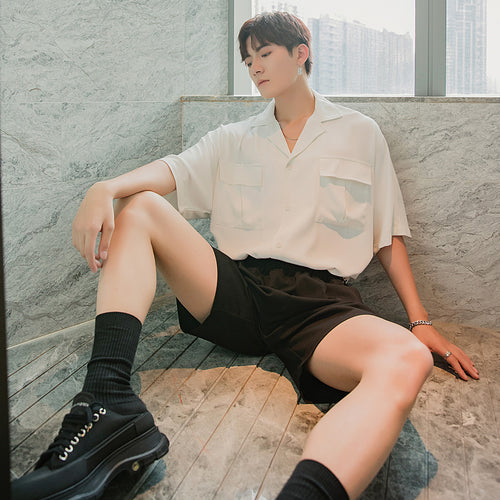 Sicilian men's summer Cuban collar short-sleeved white shirt male Korean version of the trend handsome loose men's white shirt