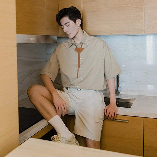 Sicilian men's college style tie shirt male Korean style trend five-point sleeve loose boys short-sleeved shirt