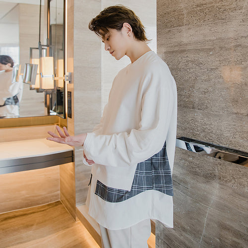 Sicilian men's Korean style design blouse for boys loose fake two-piece white pullover sweater for men