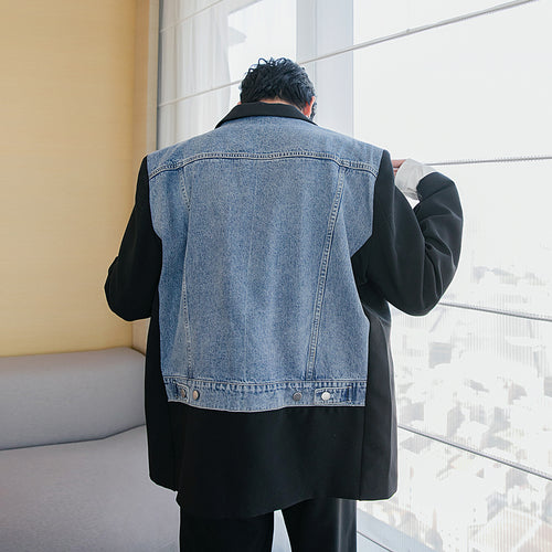 Sicilian men's spring clothes new Korean style loose fashion design sense back denim stitching small suit jacket men