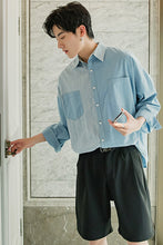 Load image into Gallery viewer, Sicilian men&#39;s striped stitching shirt men&#39;s Korean version of the trend of men&#39;s loose thin three-quarter sleeve shirt jacket
