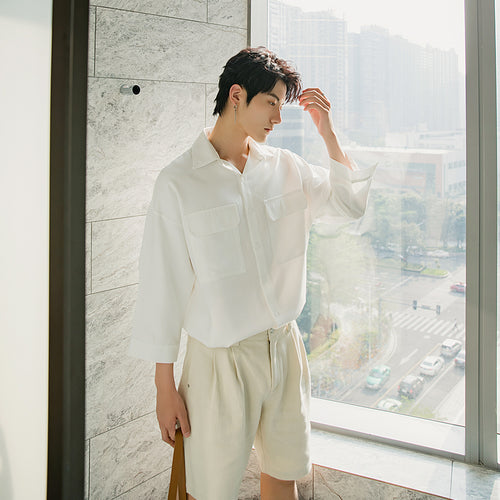 Sicilian men's summer thin three-quarter sleeve white shirt male Korean version of the trend loose men's white short-sleeved shirt