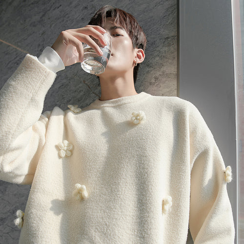 Sicilian men's fashion three-dimensional small flower embroidery pullover sweater long-sleeved loose sweater men's loose winter