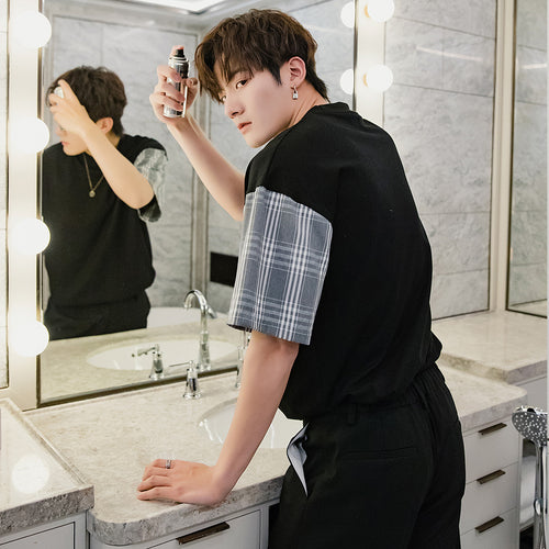 Sicilian men's spring Harajuku style short-sleeved men's tide brand trend loose five-point sleeves with white stitching t-shirt