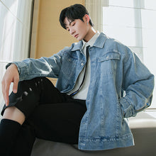 Load image into Gallery viewer, Sicilian men&#39;s spring new lapel denim jacket zipper embroidery Korean trend loose handsome jacket men
