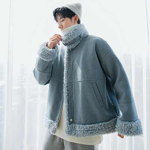 Sicilian men's lamb velvet thick woolen coat Korean style trendy warm men's stand-up collar jacket