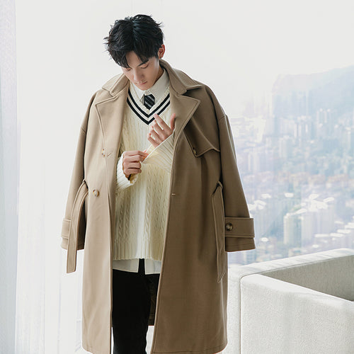 Sicilian men's winter new suit collar mid-length woolen coat Korean loose casual black jacket men