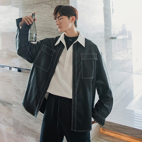 Sicilian men's autumn open-line black jacket male Korean version of the trend loose men's tide brand motorcycle leather jacket