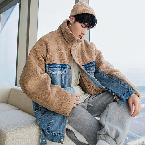 Sicilian men's winter new lamb cashmere denim jacket stitching contrast color trend handsome men's stand-up collar jacket