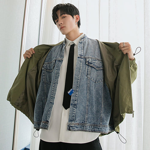 Sicilian men's spring clothes new men's denim stitching fake two-piece jacket coat loose fashion all-match top