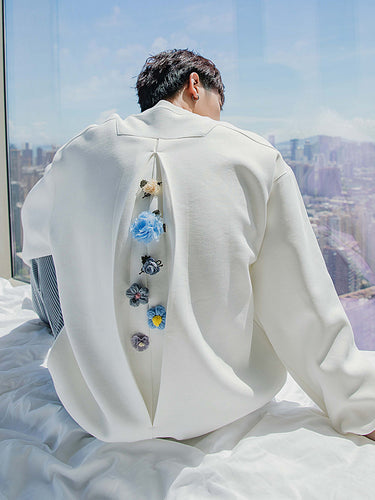 CHENGGUANG WANG x CHIC ERRO joint lazy wind jacket white round neck cracked sweater men