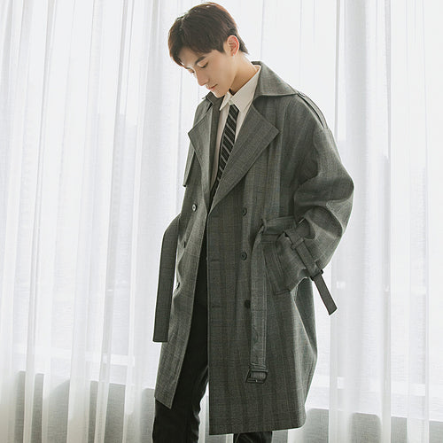 Sicilian men's autumn plaid jacket men's Korean version of the trend of loose men's British style over the knee mid-length windbreaker