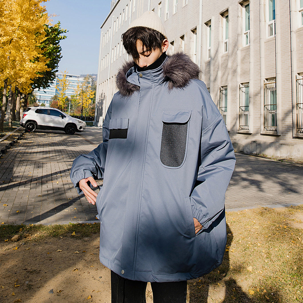 【Spot quick delivery】Fast delivery ~ fur collar padded jacket thick loose hooded padded jacket men's trend