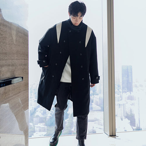 Sicilian men's winter Japanese style loose handsome jacket contrast color stand-up collar double-breasted mid-length woolen coat