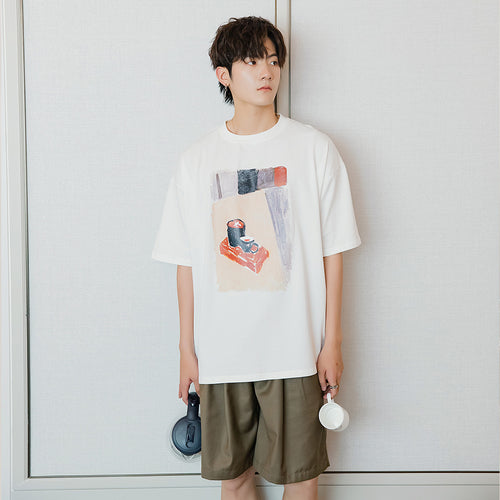 Sicilian men's summer Korean short-sleeved men's tide brand trend men's loose white five-point sleeve printed t-shirt
