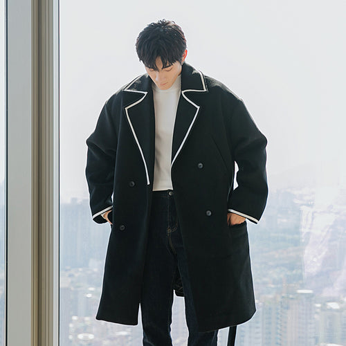 Sicilian men's black mid-length woolen coat loose Korean style trendy handsome men's versatile coat