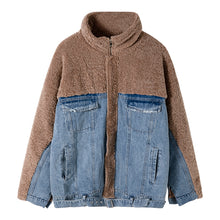 Load image into Gallery viewer, Sicilian men&#39;s winter new lamb cashmere denim jacket stitching contrast color trend handsome men&#39;s stand-up collar jacket
