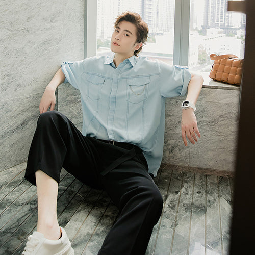 Sicilian men's summer short-sleeved denim shirt male Korean version of the trend handsome loose men's blue ice silk shirt