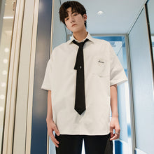 Load image into Gallery viewer, Sicilian men&#39;s spring college style white tie shirt male Korean style trendy handsome loose short-sleeved white shirt
