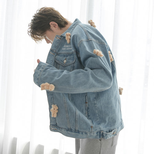 Sicilian men's clothing 2020 new loose cute bear jacket autumn denim jacket male Korean style trend bf wind