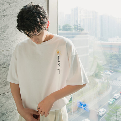 Sicilian men's summer half-sleeved men's trend five-point sleeve t-shirt loose white men's small daisy short-sleeved t-shirt