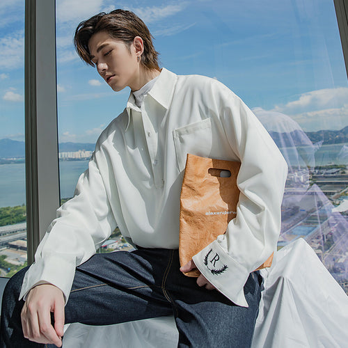 Sicilian men's high-end embroidery shirt men's Korean version of the trend of all-match loose men's blue shirt