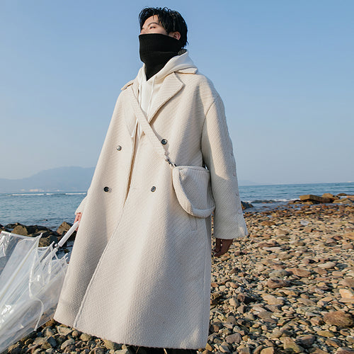 Sicilian men's winter new suit collar mid-length woolen coat with bag Korean style trendy handsome jacket