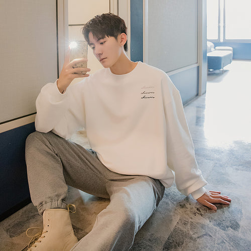 Sicilian Men's Spring Thin Korean Tops Men's Loose Long Sleeve Printed White Round Neck Sweater Men's All-match