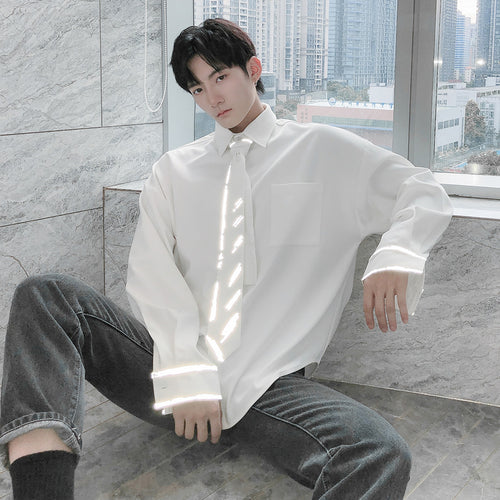 Sicilian men's shirt tie cuffs reflective handsome loose fashion shirt male Korean trend