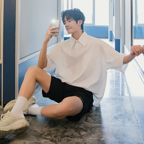 Sicilian men's summer Hong Kong style men's white short-sleeved shirt men's Korean style trend loose high-quality white shirt