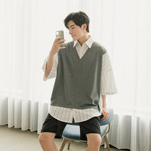 Load image into Gallery viewer, Sicilian men&#39;s fake two-piece splicing striped short-sleeved shirt male Korean version of the trend loose three-quarter sleeve shirt
