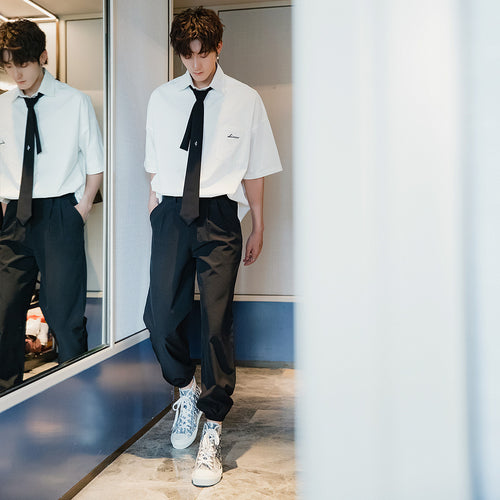 Sicilian men's spring college style white tie shirt male Korean style trendy handsome loose short-sleeved white shirt