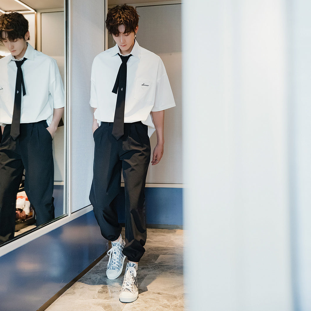 Sicilian men's spring college style white tie shirt male Korean style trendy handsome loose short-sleeved white shirt
