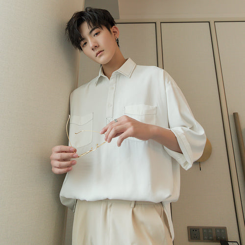 Sicilian men's summer art three-quarter sleeve white shirt male Korean version of the trend of men's loose white short-sleeved shirt