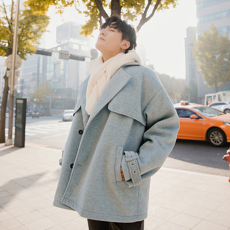 Sicilian men's men's short woolen coat men's Korean version of the trend of winter loose haze blue woolen coat men