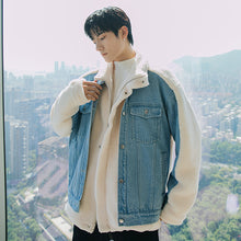 Load image into Gallery viewer, Sicilian men&#39;s fake two-piece stitching cashmere lapel cotton jacket male handsome loose warm denim jacket
