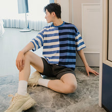 Load image into Gallery viewer, Sicilian men&#39;s summer Hong Kong style short-sleeved men&#39;s tide brand trend loose five-point sleeve men&#39;s stitching striped t-shirt

