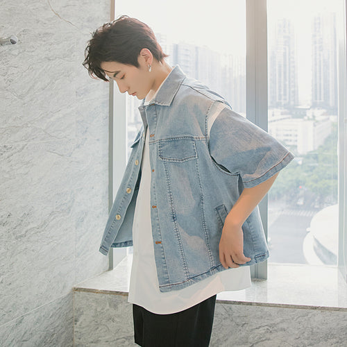 Sicilian men's summer thin stitching short-sleeved shirt male Korean loose denim vest white shirt suit