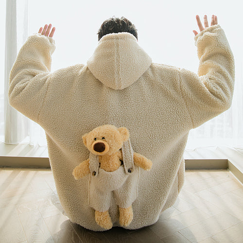 Sicilian men's winter new lamb wool hooded sweater back design sense rabbit doll loose top men