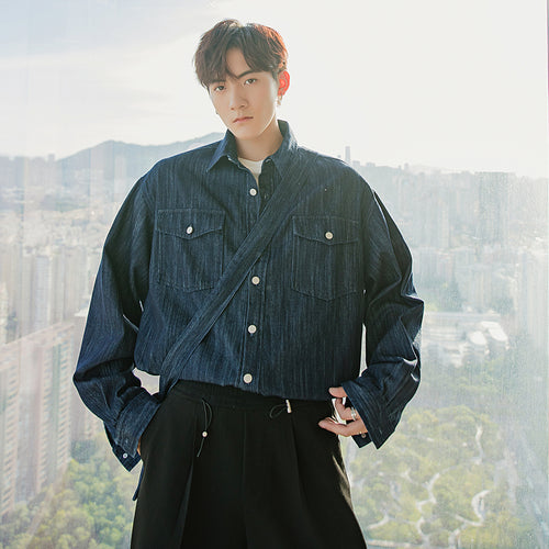 Sicilian men's clothing send shoulder bag blue denim shirt male Korean style trendy handsome loose men's shirt jacket