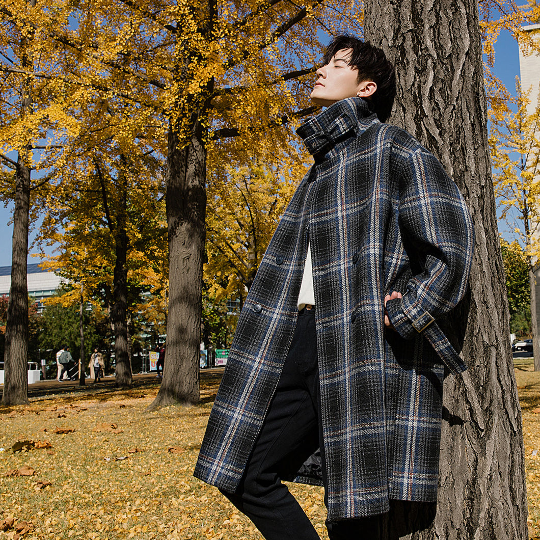 Sicilian men's mid-length plaid woolen coat Korean style trend men's loose woolen coat men