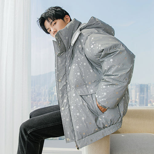 Sicilian men's winter new snowflake stand-up collar bread clothing trend loose warmth thickened reflective hooded jacket