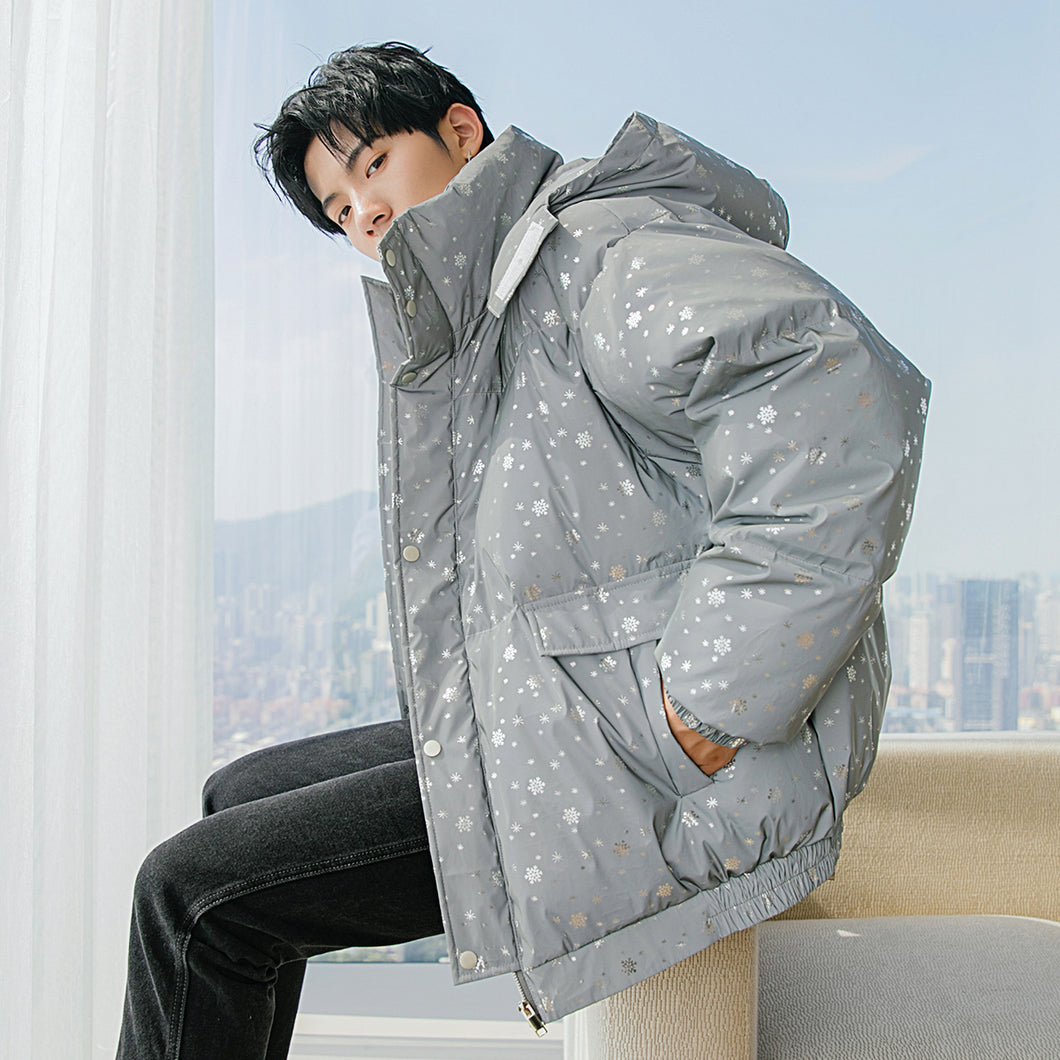Sicilian men's winter new snowflake stand-up collar bread clothing trend loose warmth thickened reflective hooded jacket