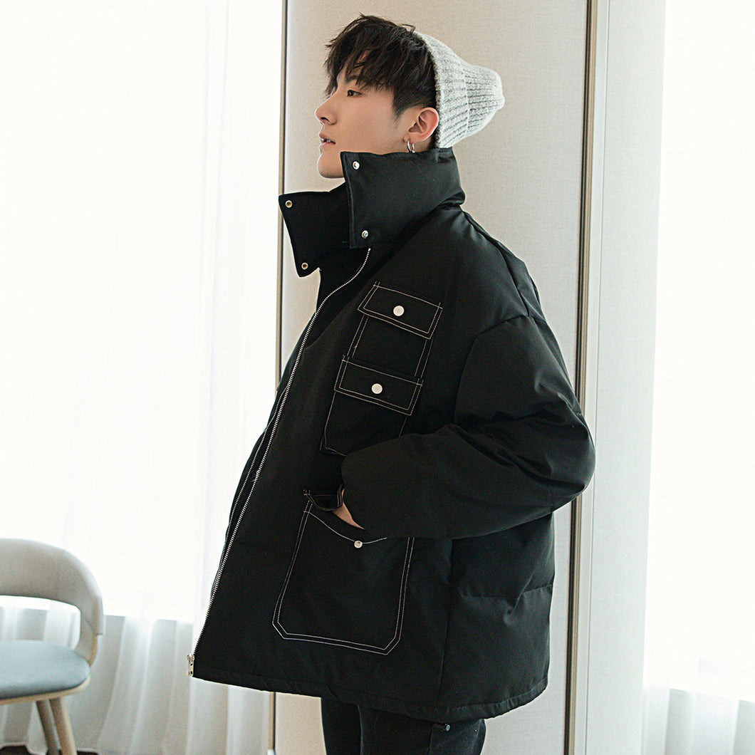 Sicilian men's loose thickened jacket men's Korean version of the trend of black casual topstitch stand-up collar cotton men's winter