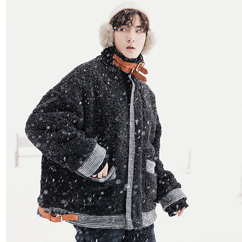 【Spot quick delivery】Fast delivery ~ thick black loose coat with lamb fur collar on both sides