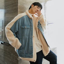 Load image into Gallery viewer, Sicilian men&#39;s fake two-piece stitching cashmere lapel cotton jacket male handsome loose warm denim jacket
