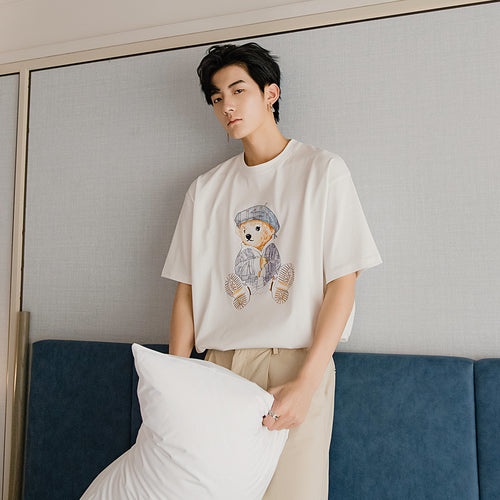 Sicilian men's clothing Hong Kong style half-sleeved men's trend loose five-point sleeve men's bear print white short-sleeved t-shirt
