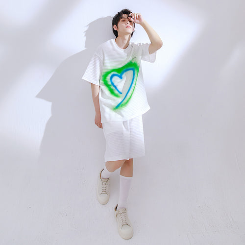 Sicilian men's wear 2021 new summer waffle love print short-sleeved T-shirt handsome men's casual suit